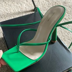 Green square toe lace up heel sandals